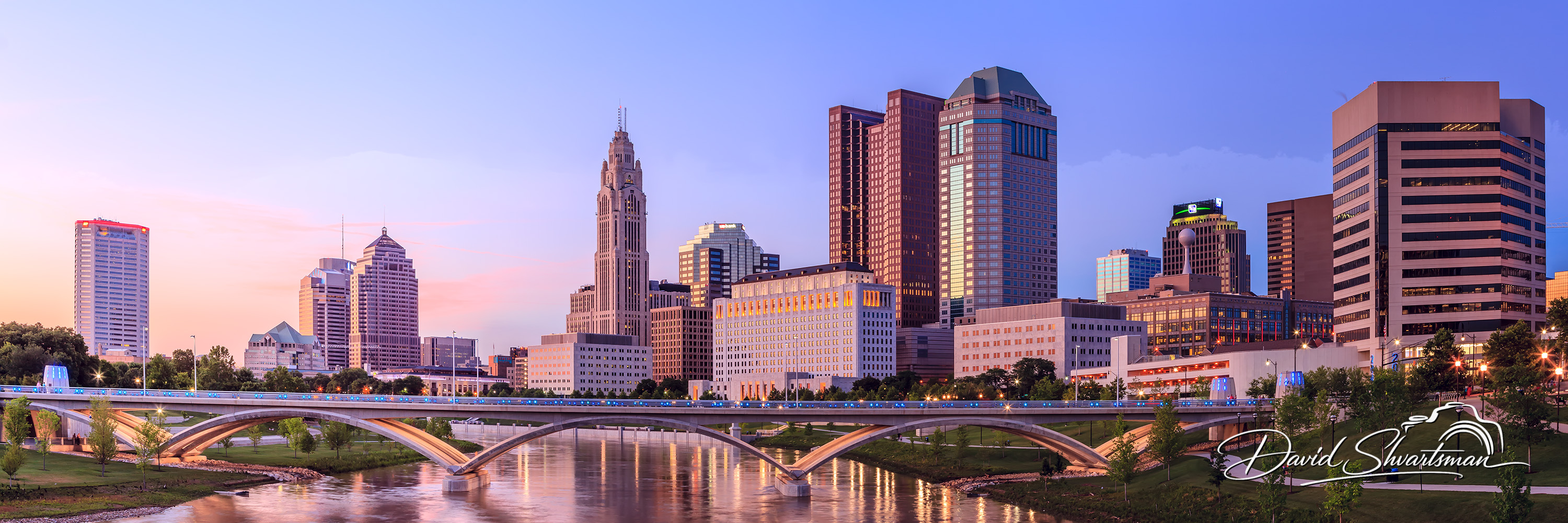 Downtown Columbus Skyline and Scioto River at Twilight, Columbus, Ohio, USA, panoramic view of Columbus, Ohio
