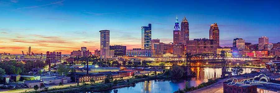Cleveland Skyline and Cuyahoga River at Sunset, Cleveland, Ohio, USA, Cleveland, Ohio