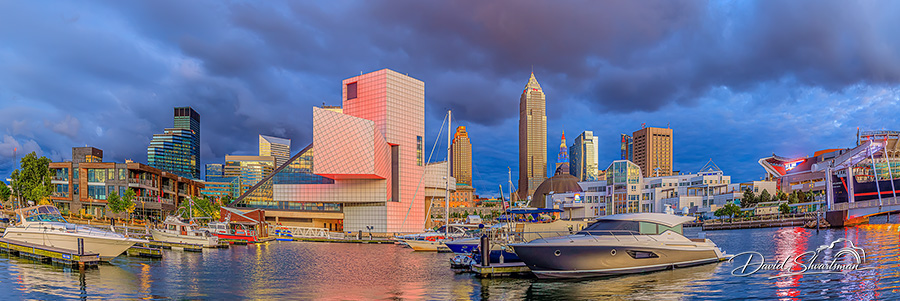 A view of the Cleveland skyline from the Voinovich Bicentennial Park at the blue hour - Cleveland, Ohio, USA., Cleveland, Ohio