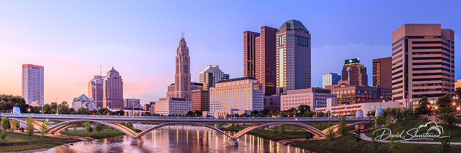 Downtown Columbus Skyline and Scioto River at Twilight, Columbus, Ohio, USA, Columbus, Ohio