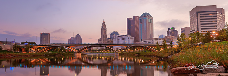 Downtown Columbus Skyline and Main Street Bridge at Twilight, Columbus, Ohio, USA, Columbus, Ohio